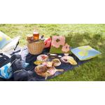 A picnic set up on the grass, with cushions, a picnic rug and various foods and drink